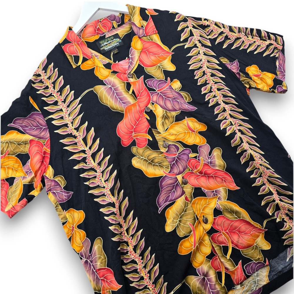 Hawaiian Reserve Collection Shirt Mens Large Black Rayon Floral Tropical Hawaii